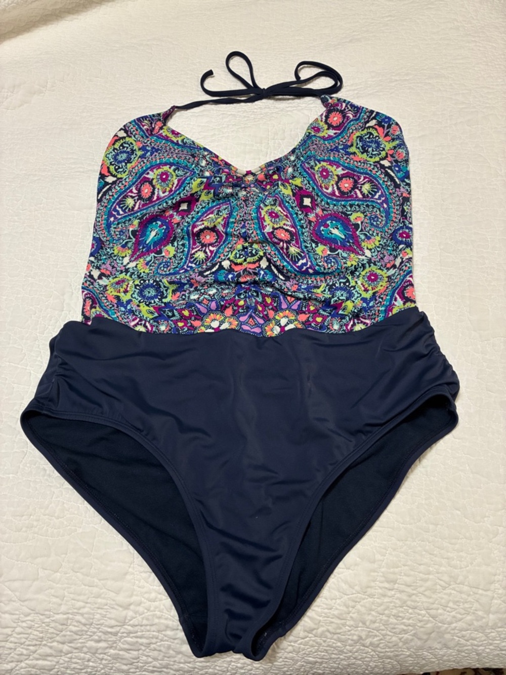 Athleta Navy One-Piece Swimsuit with Multicolor Paisley Bodice